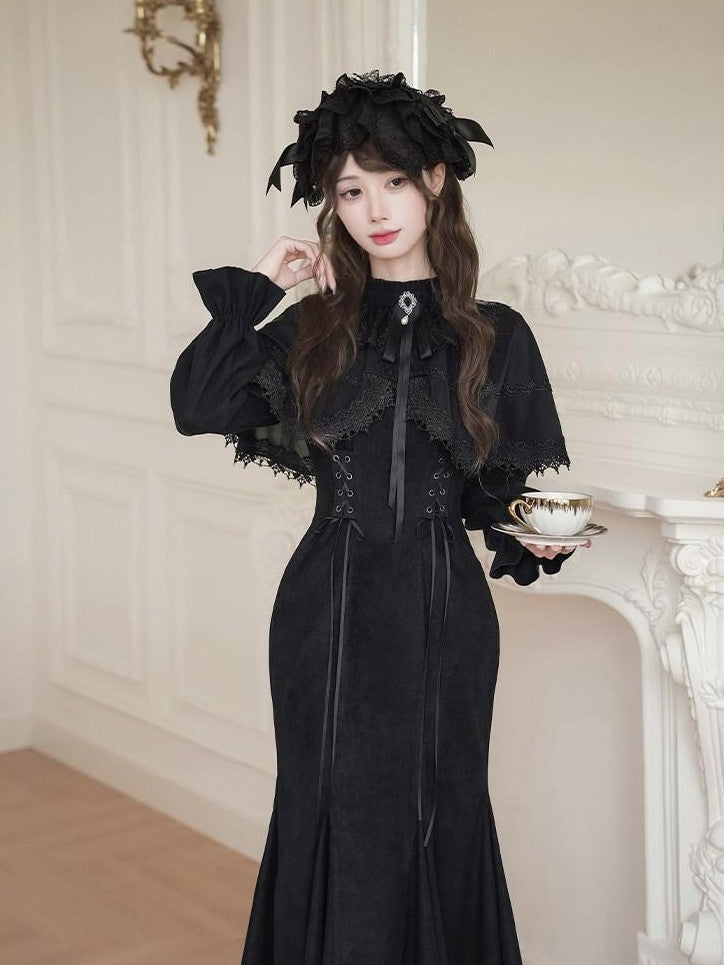 With PUJI Bow Brooch Faux Two Piece Shawl Mermaid Women's Short Hem Long Sleeve Op