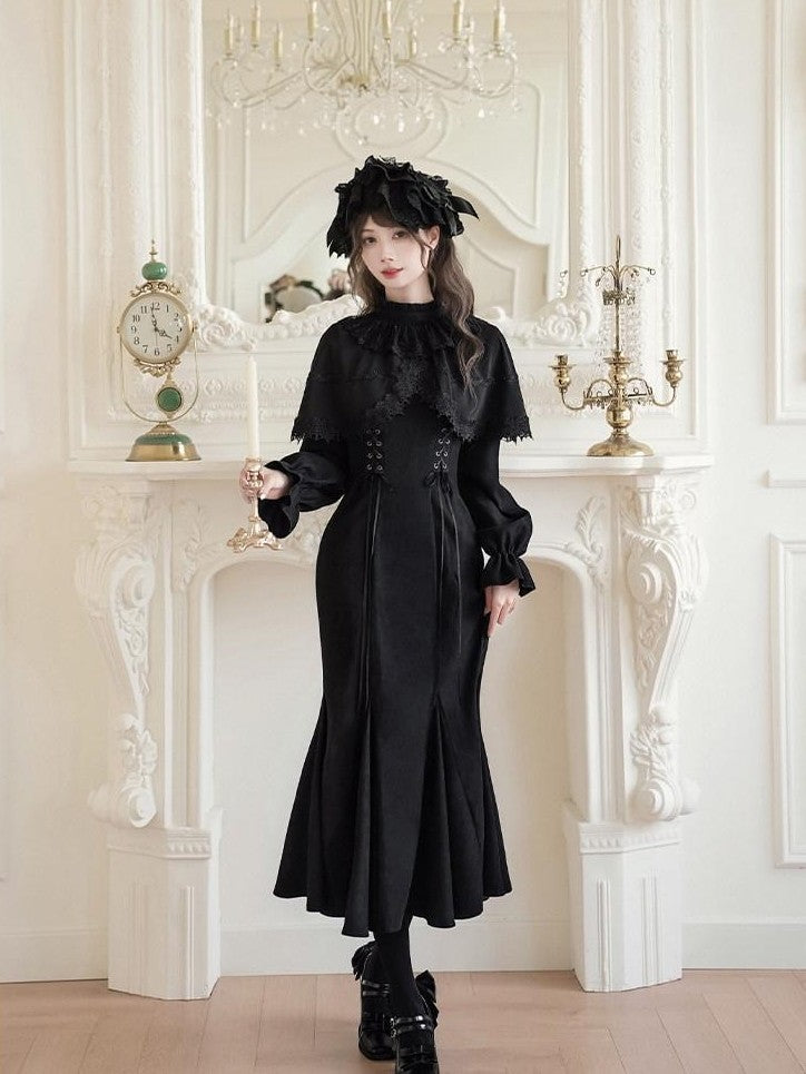 With PUJI Bow Brooch Faux Two Piece Shawl Mermaid Women's Short Hem Long Sleeve Op