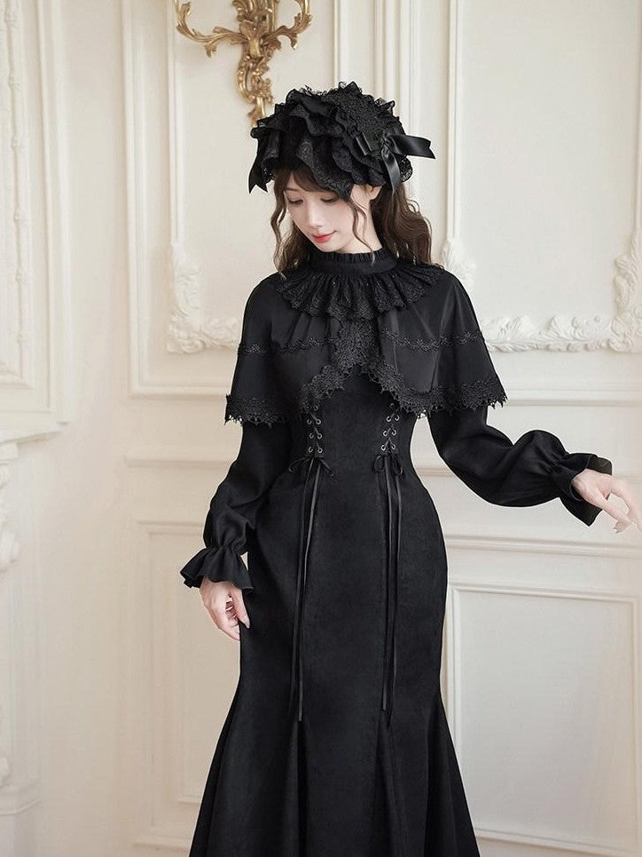 With PUJI Bow Brooch Faux Two Piece Shawl Mermaid Women's Short Hem Long Sleeve Op