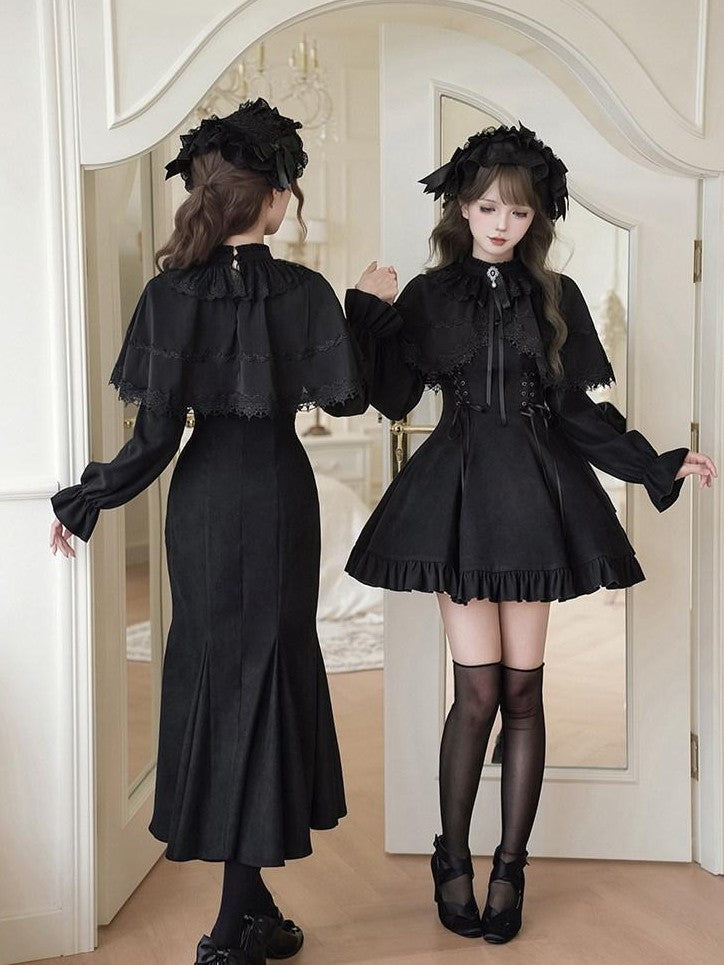 With PUJI Bow Brooch Faux Two Piece Shawl Mermaid Women's Short Hem Long Sleeve Op