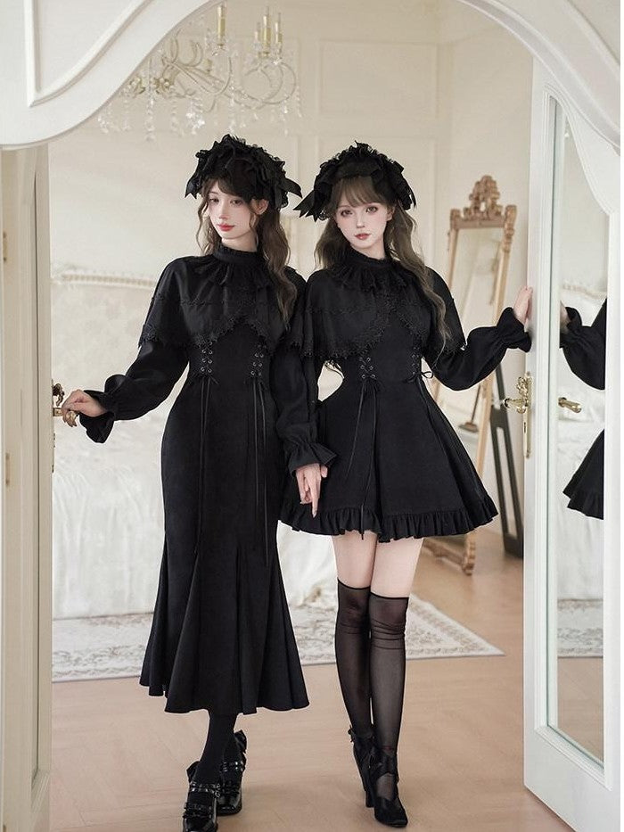 With PUJI Bow Brooch Faux Two Piece Shawl Mermaid Women's Short Hem Long Sleeve Op