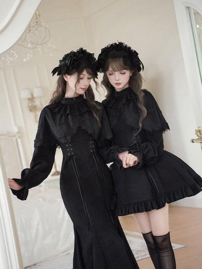With PUJI Bow Brooch Faux Two Piece Shawl Mermaid Women's Short Hem Long Sleeve Op