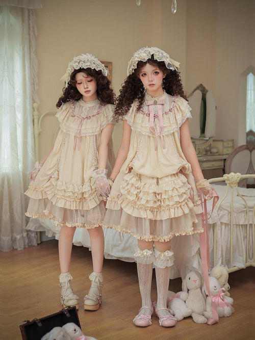 With PUJI Butterfly Bow Ruffle Drawstring Doll Women's Short Sleeve Op
