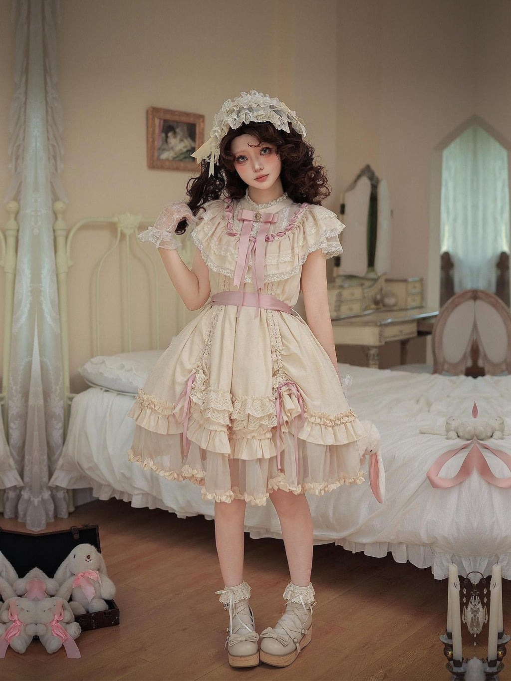 With PUJI Butterfly Bow Ruffle Drawstring Doll Women's Short Sleeve Op