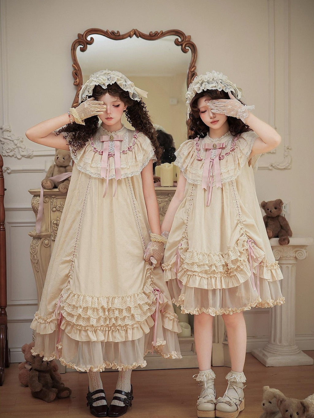 With PUJI Butterfly Bow Ruffle Drawstring Doll Women's Short Sleeve Op