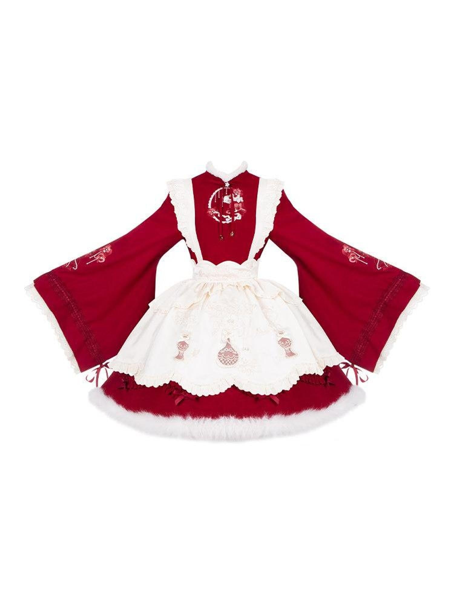 With PUJI Butterfly Orchid Embroidered Large Sleeve Ma Mian Apron Women's Long Sleeve Op
