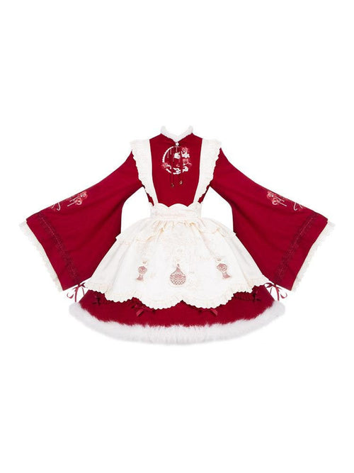 With PUJI Butterfly Orchid Embroidered Large Sleeve Ma Mian Apron Women's Long Sleeve Op