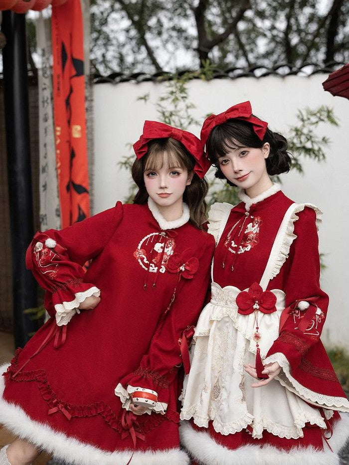 With PUJI Butterfly Orchid Embroidered Large Sleeve Ma Mian Apron Women's Long Sleeve Op