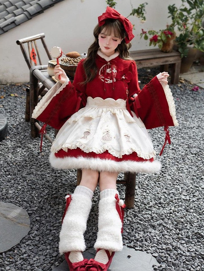 With PUJI Butterfly Orchid Embroidered Large Sleeve Ma Mian Apron Women's Long Sleeve Op