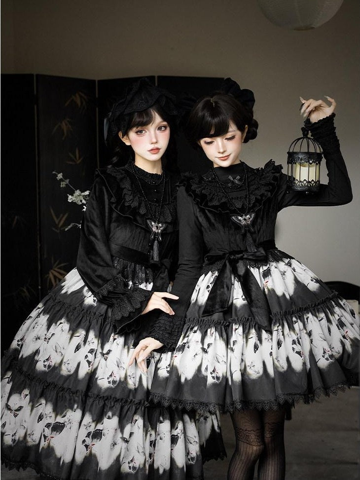 With PUJI Butterfly Print Two Tiered Flared Jsk Op Women's Full Coordination Sets