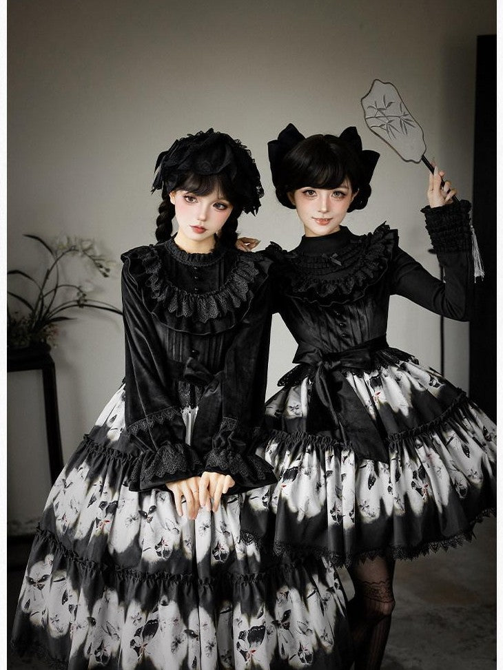 With PUJI Butterfly Print Two Tiered Flared Jsk Op Women's Full Coordination Sets