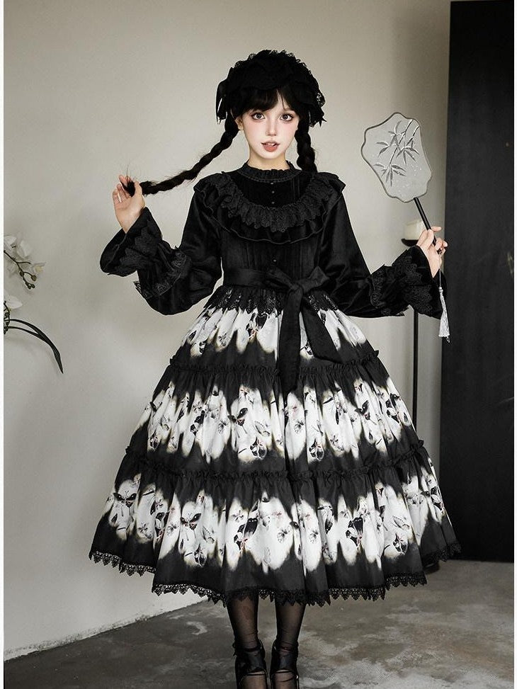With PUJI Butterfly Print Two Tiered Flared Jsk Op Women's Full Coordination Sets