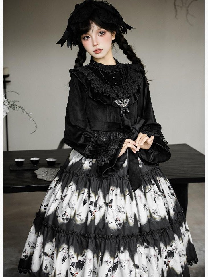 With PUJI Butterfly Print Two Tiered Flared Jsk Op Women's Full Coordination Sets