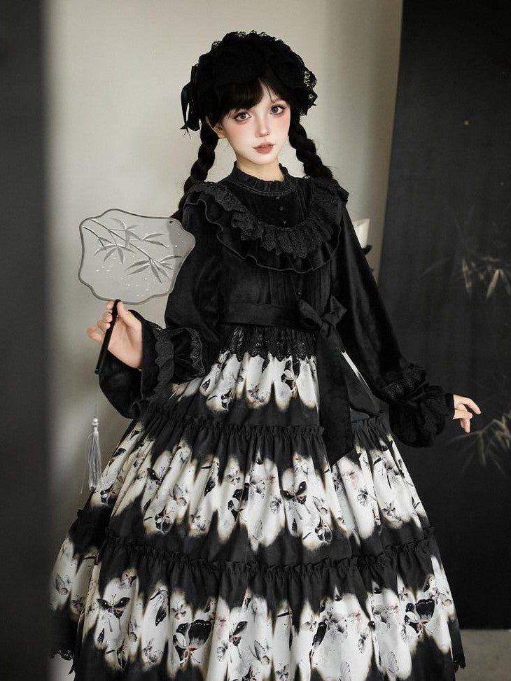 With PUJI Butterfly Print Two Tiered Flared Jsk Op Women's Full Coordination Sets