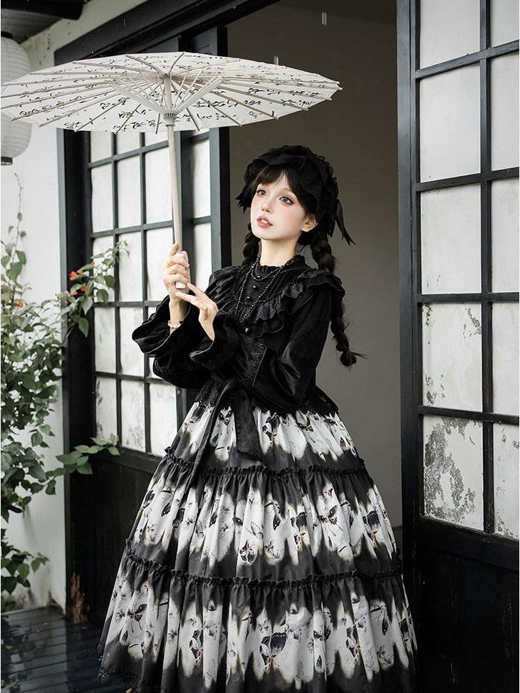With PUJI Butterfly Print Two Tiered Flared Jsk Op Women's Full Coordination Sets