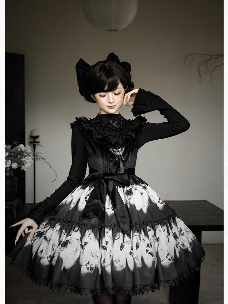 With PUJI Butterfly Print Two Tiered Flared Jsk Op Women's Full Coordination Sets
