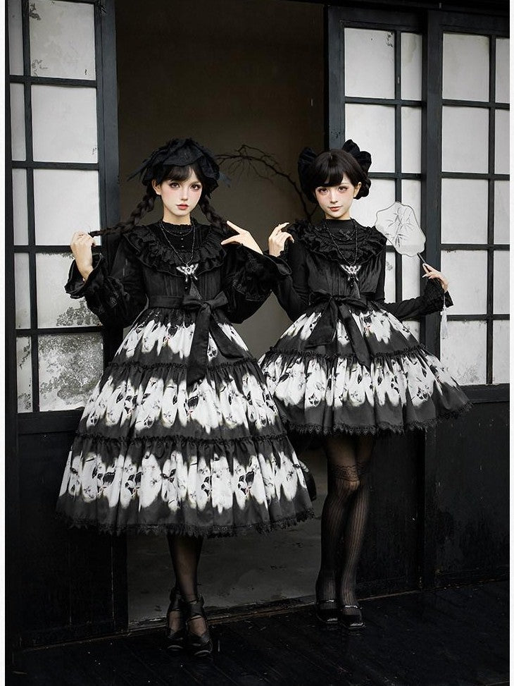 With PUJI Butterfly Print Two Tiered Flared Jsk Op Women's Full Coordination Sets