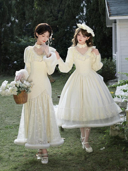 With PUJI Camellia Embroidered Faux Two Piece Shawl Fishtail Qipao Women's Long Sleeve Op