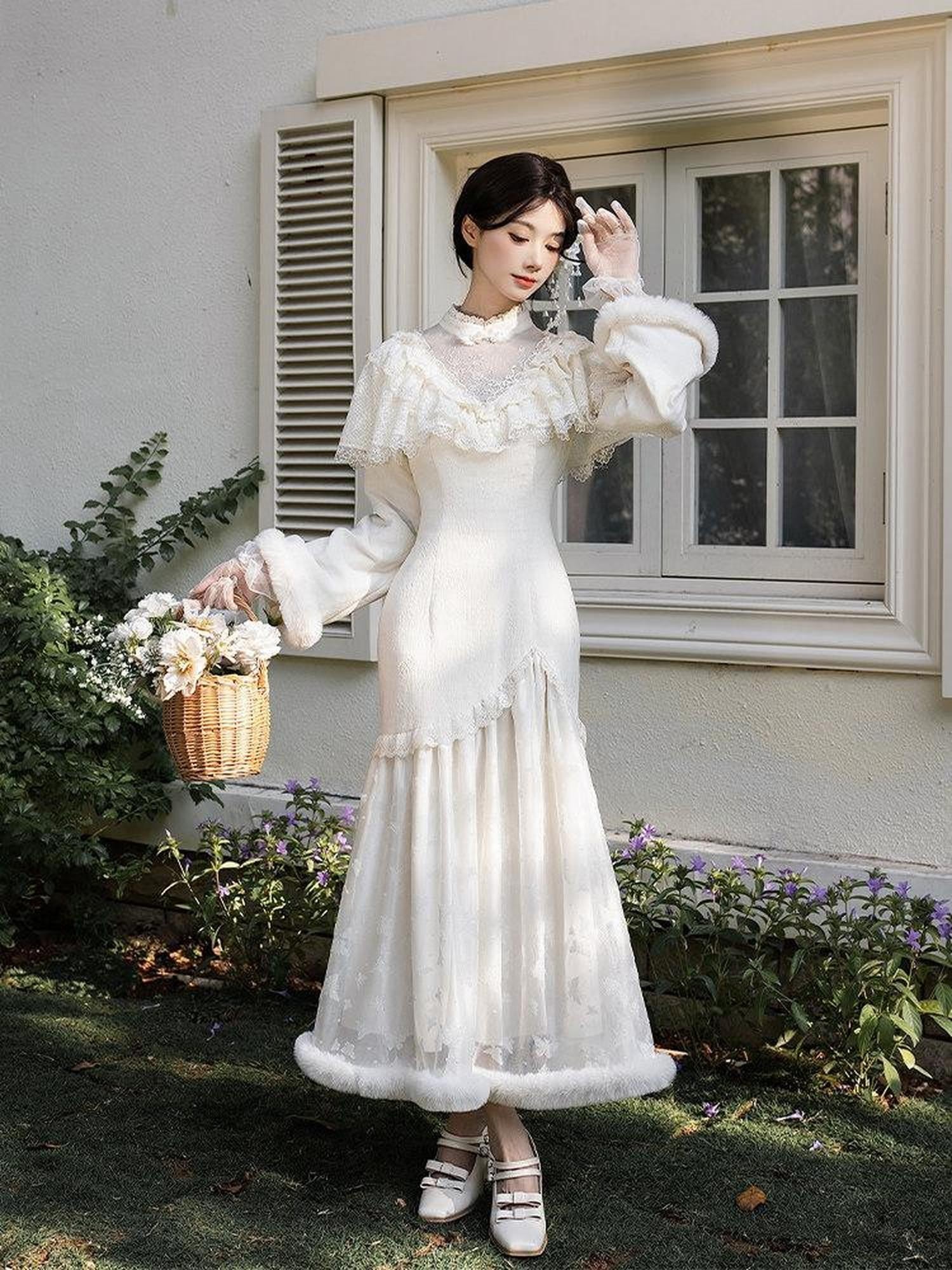 With PUJI Camellia Embroidered Faux Two Piece Shawl Fishtail Qipao Women's Long Sleeve Op