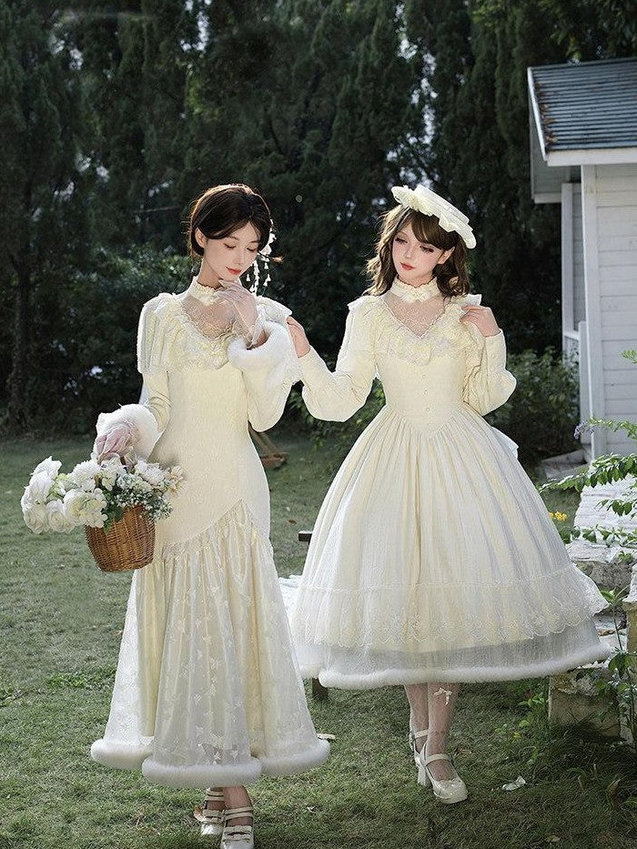 With PUJI Camellia Embroidered Faux Two Piece Shawl Fishtail Qipao Women's Long Sleeve Op