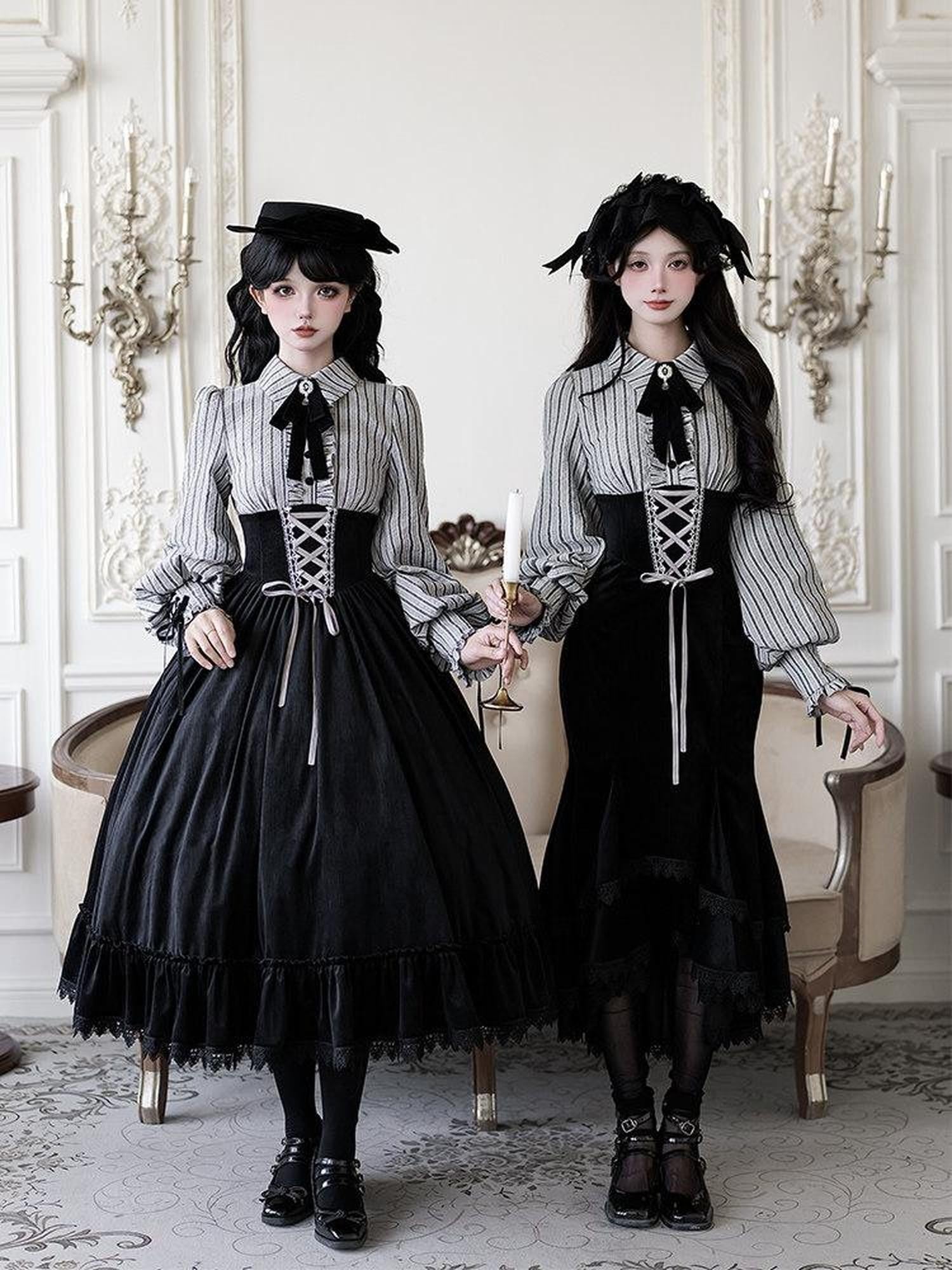 With PUJI Contrast Faux Two Piece Fishbone Fishtail Ruffle Bow Brooch Women's Op Sets