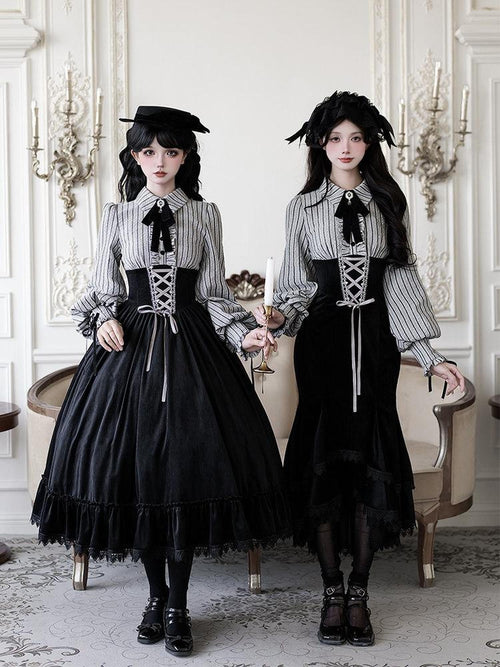 With PUJI Contrast Faux Two Piece Fishbone Fishtail Ruffle Bow Brooch Women's Op Sets