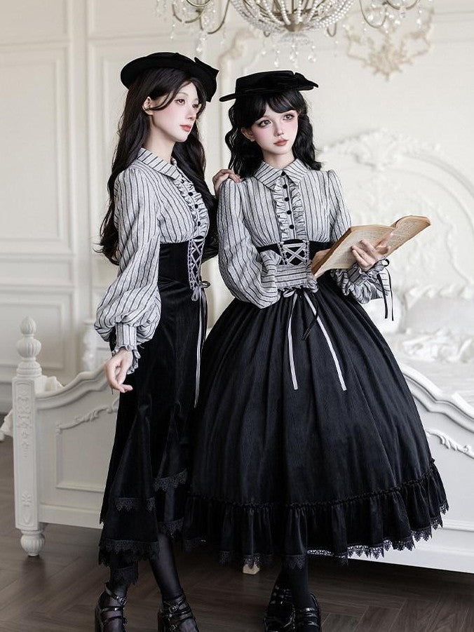 With PUJI Contrast Faux Two Piece Fishbone Fishtail Ruffle Bow Brooch Women's Op Sets