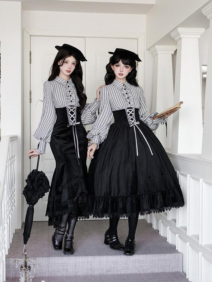With PUJI Contrast Faux Two Piece Fishbone Fishtail Ruffle Bow Brooch Women's Op Sets