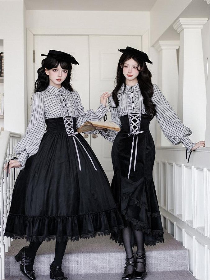 With PUJI Contrast Faux Two Piece Fishbone Fishtail Ruffle Bow Brooch Women's Op Sets