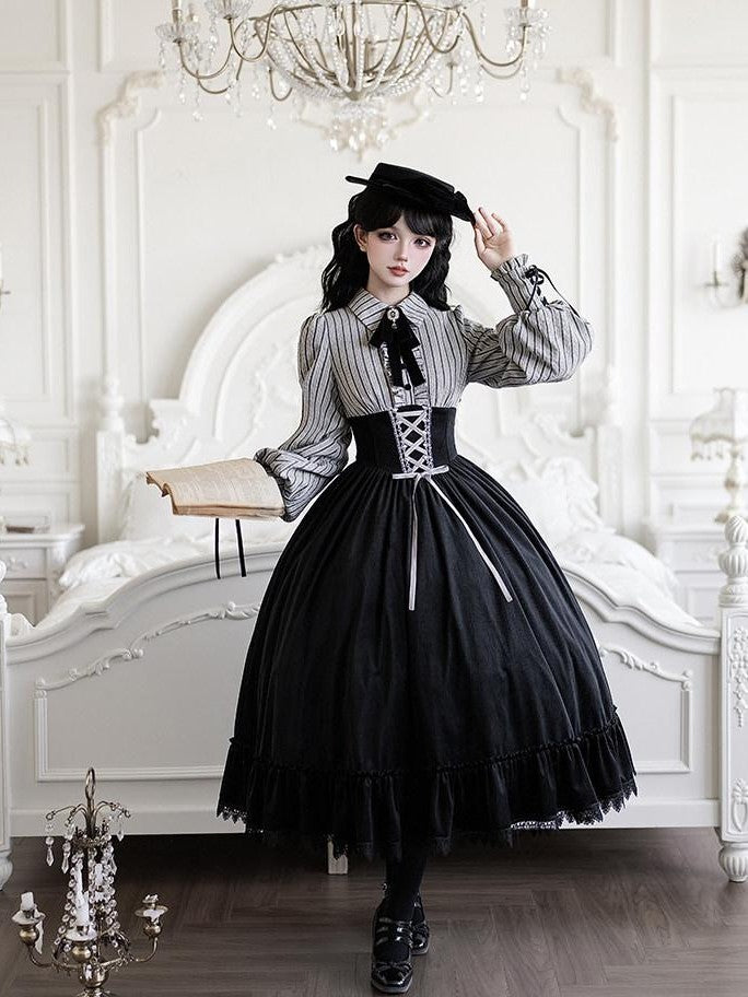 With PUJI Contrast Faux Two Piece Fishbone Fishtail Ruffle Bow Brooch Women's Op Sets