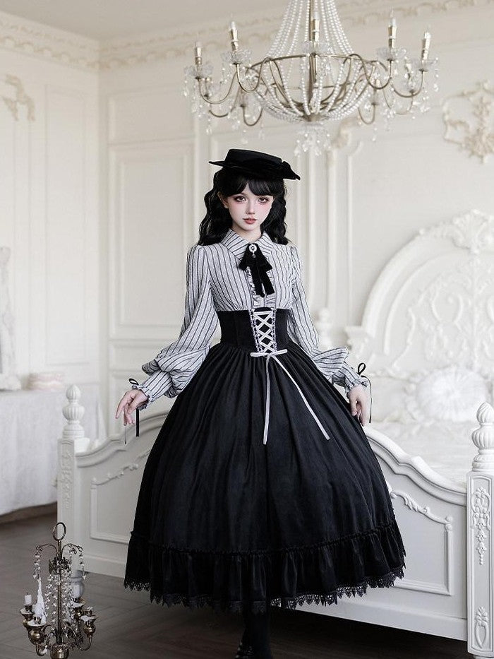With PUJI Contrast Faux Two Piece Fishbone Fishtail Ruffle Bow Brooch Women's Op Sets