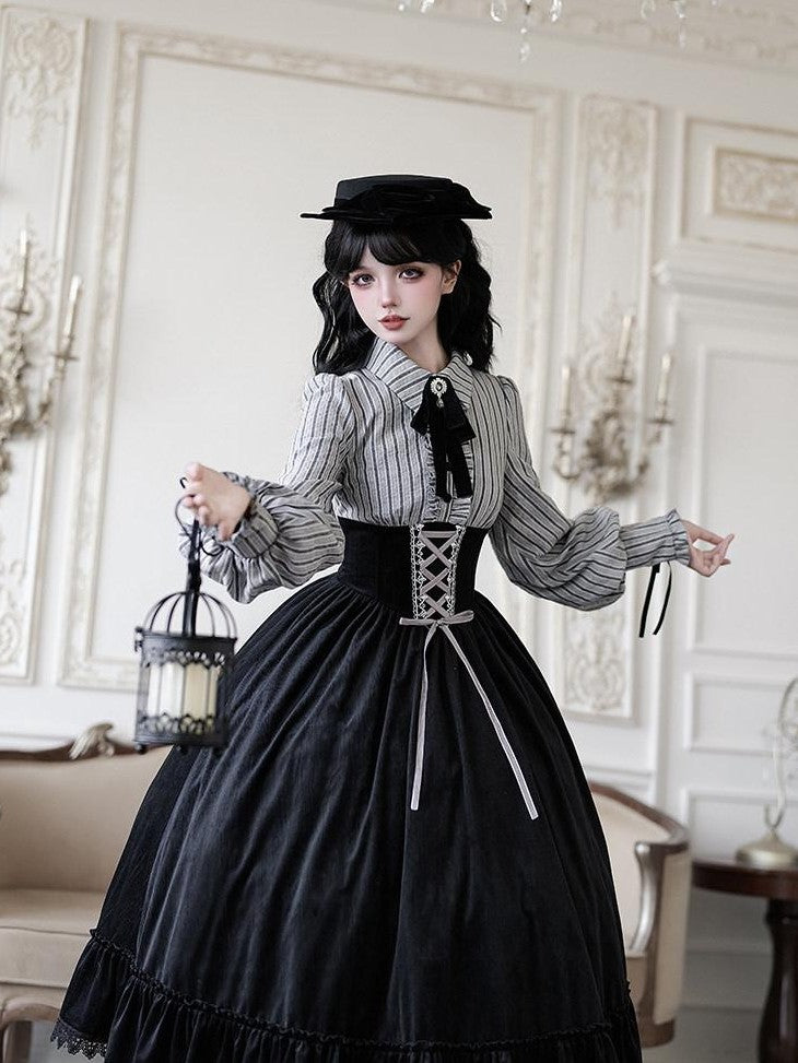 With PUJI Contrast Faux Two Piece Fishbone Fishtail Ruffle Bow Brooch Women's Op Sets