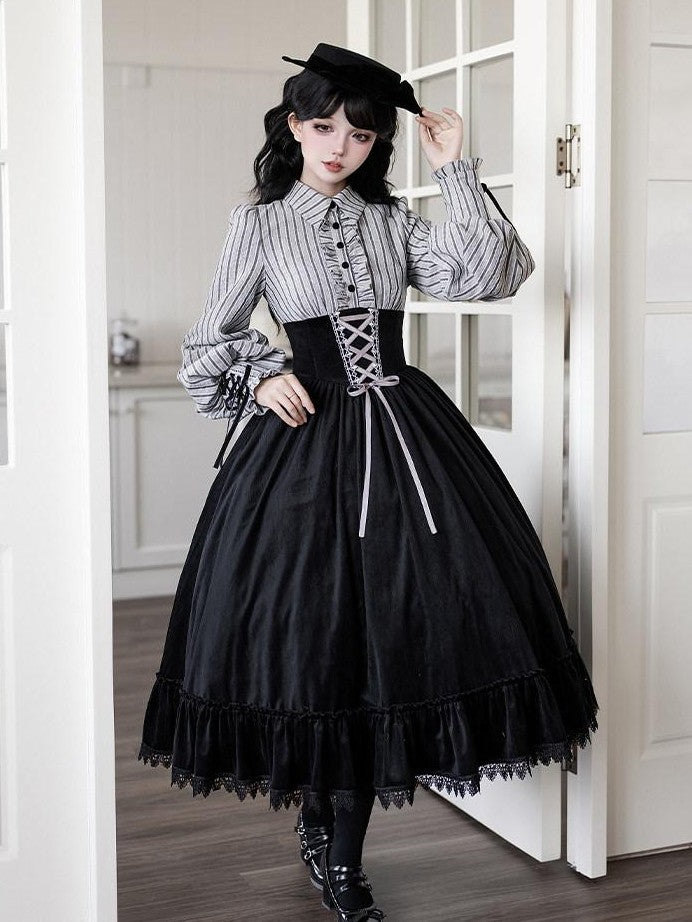 With PUJI Contrast Faux Two Piece Fishbone Fishtail Ruffle Bow Brooch Women's Op Sets