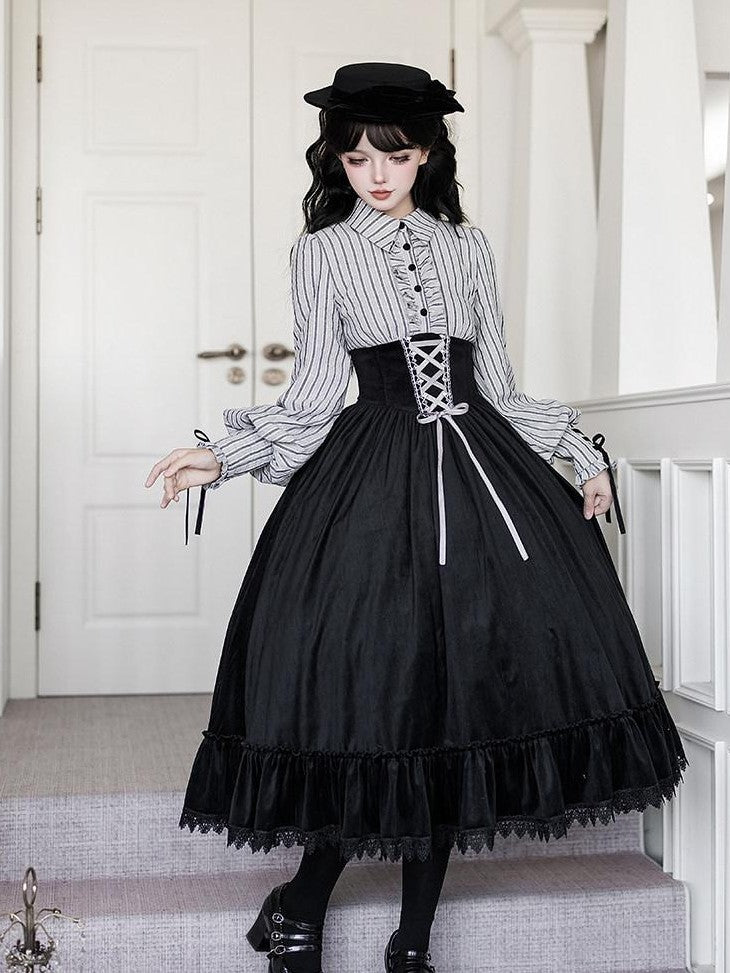 With PUJI Contrast Faux Two Piece Fishbone Fishtail Ruffle Bow Brooch Women's Op Sets