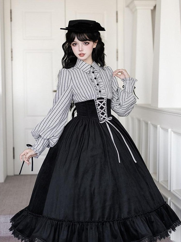 With PUJI Contrast Faux Two Piece Fishbone Fishtail Ruffle Bow Brooch Women's Op Sets