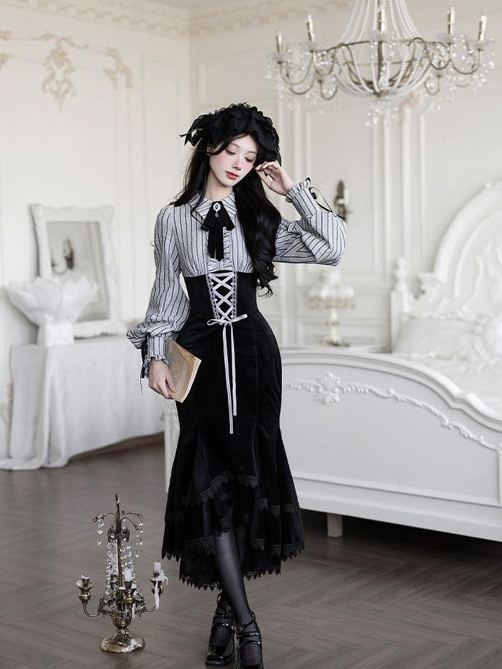 With PUJI Contrast Faux Two Piece Fishbone Fishtail Ruffle Bow Brooch Women's Op Sets