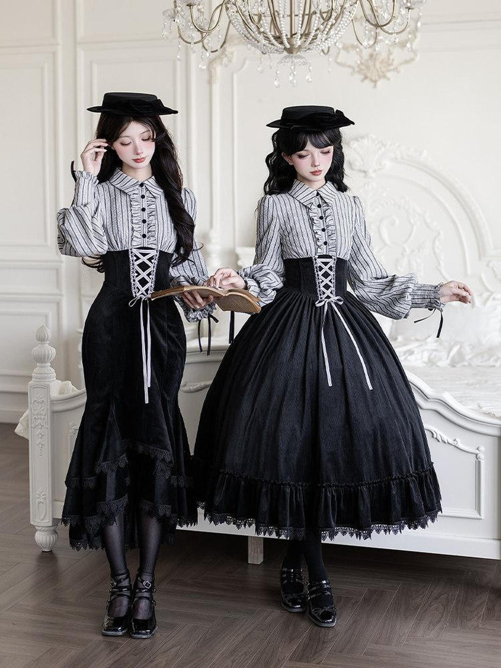 With PUJI Contrast Faux Two Piece Fishbone Fishtail Ruffle Bow Brooch Women's Op Sets