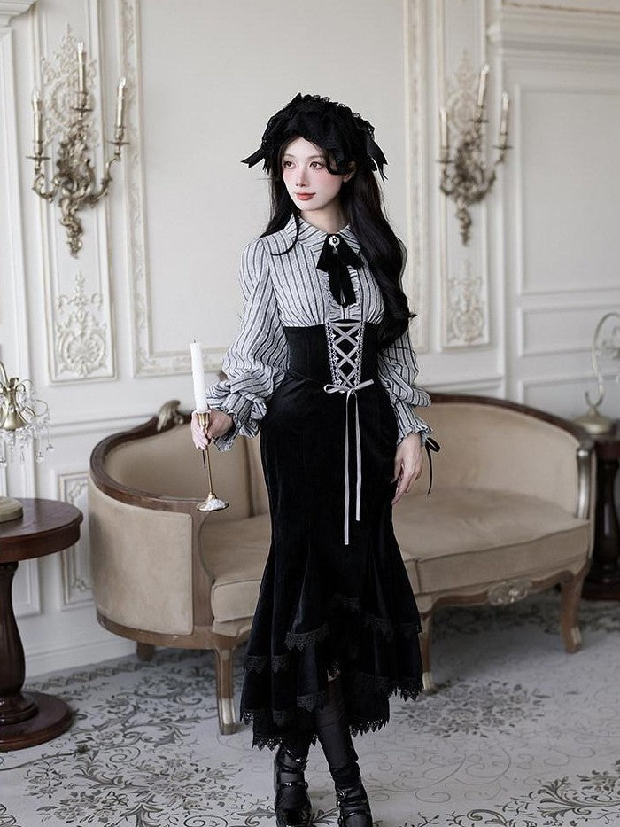 With PUJI Contrast Faux Two Piece Fishbone Fishtail Ruffle Bow Brooch Women's Op Sets