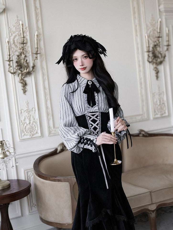 With PUJI Contrast Faux Two Piece Fishbone Fishtail Ruffle Bow Brooch Women's Op Sets