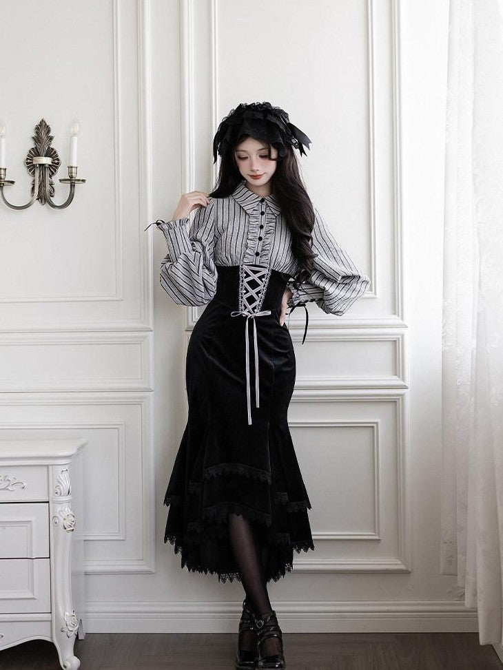With PUJI Contrast Faux Two Piece Fishbone Fishtail Ruffle Bow Brooch Women's Op Sets