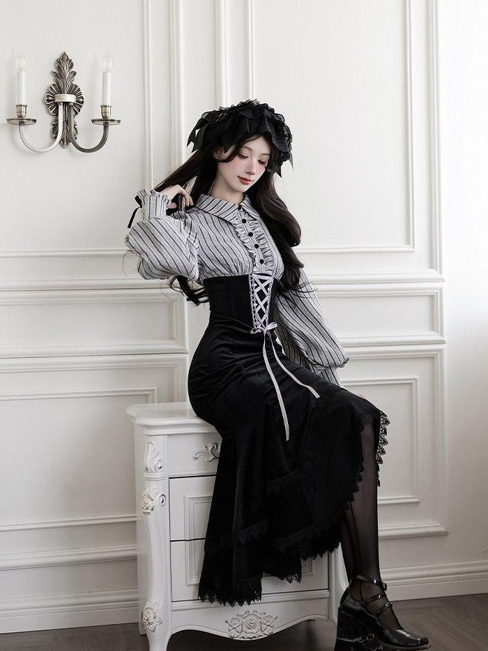 With PUJI Contrast Faux Two Piece Fishbone Fishtail Ruffle Bow Brooch Women's Op Sets