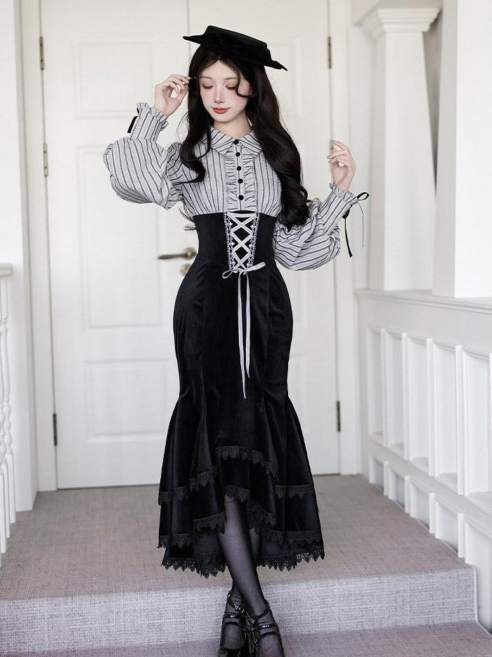 With PUJI Contrast Faux Two Piece Fishbone Fishtail Ruffle Bow Brooch Women's Op Sets