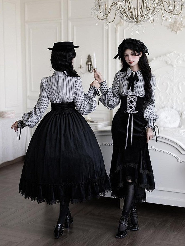 With PUJI Contrast Faux Two Piece Fishbone Fishtail Ruffle Bow Brooch Women's Op Sets