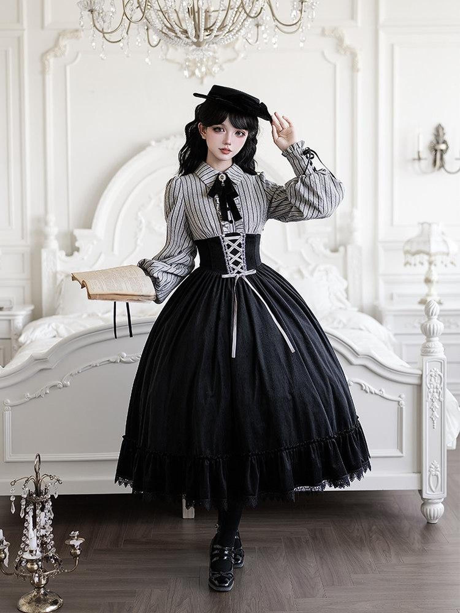 With PUJI Contrast Faux Two Piece Fishbone Fishtail Ruffle Bow Brooch Women's Op Sets