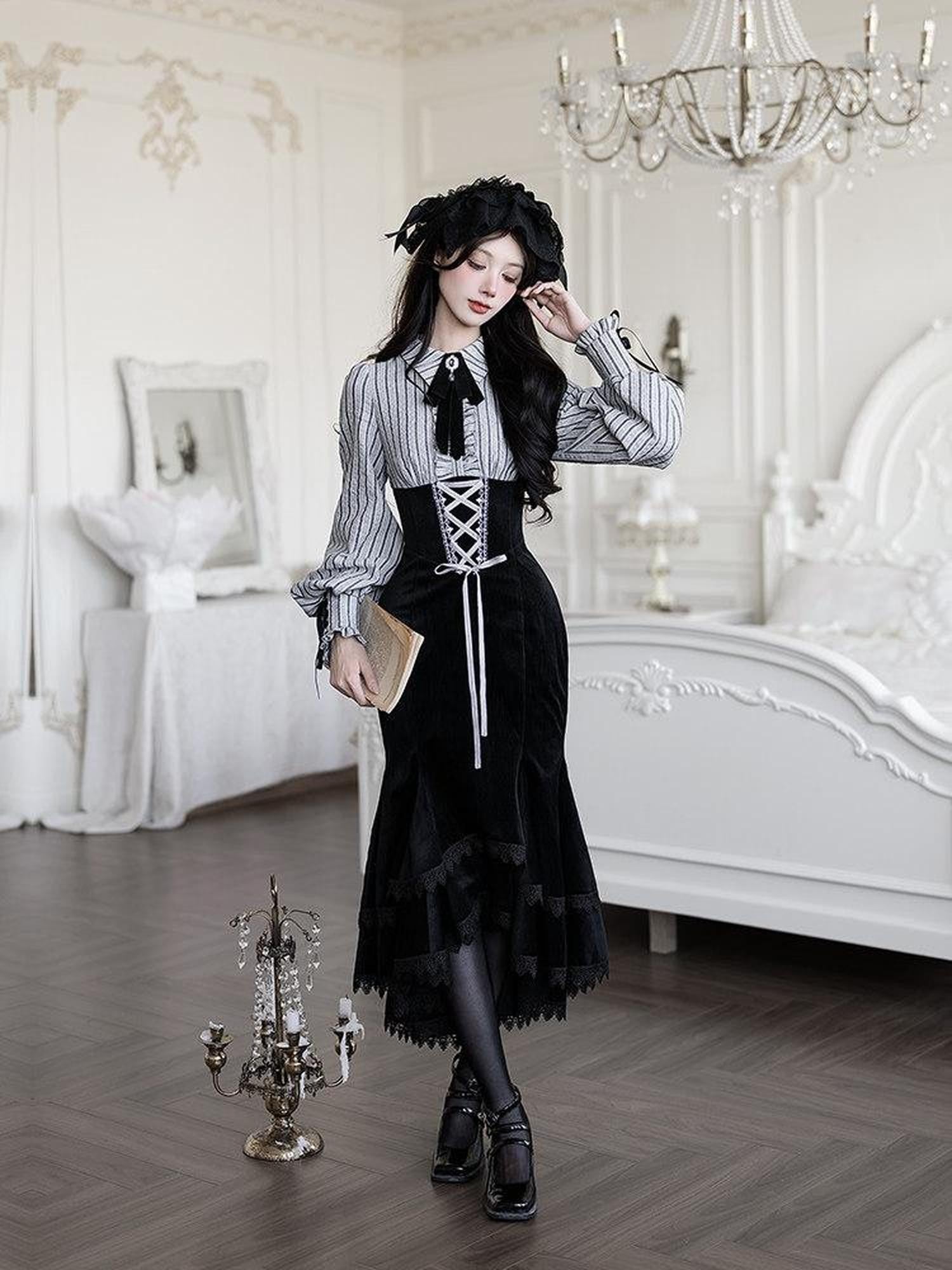 With PUJI Contrast Faux Two Piece Fishbone Fishtail Ruffle Bow Brooch Women's Op Sets