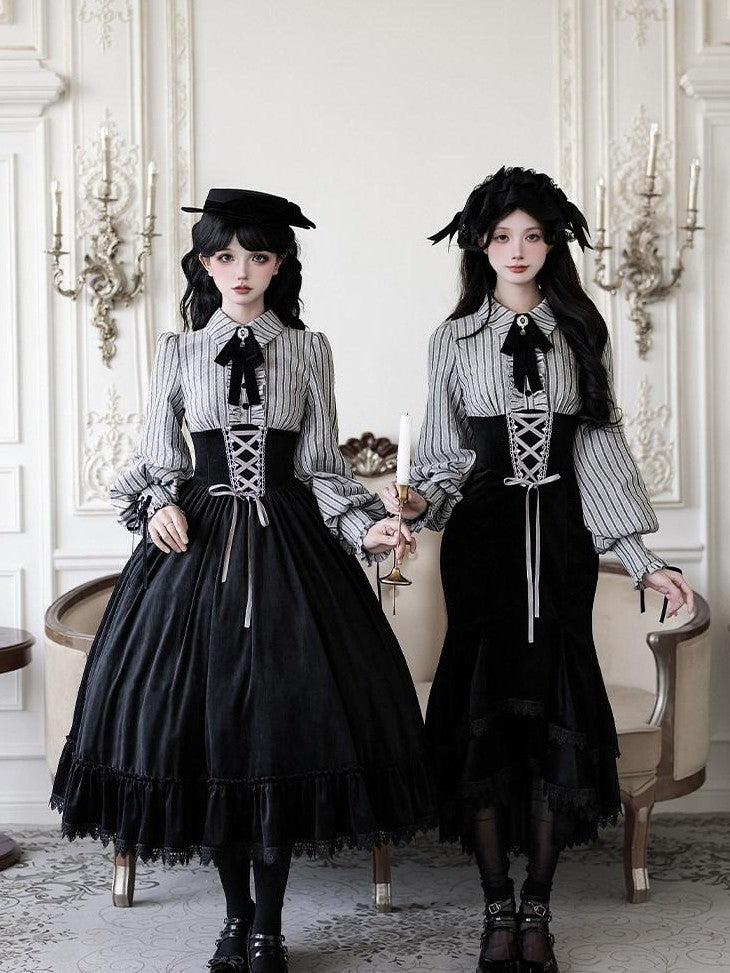 With PUJI Contrast Faux Two Piece Fishbone Fishtail Ruffle Bow Brooch Women's Op Sets