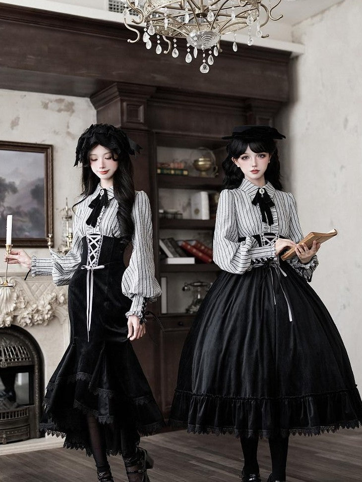 With PUJI Contrast Faux Two Piece Fishbone Fishtail Ruffle Bow Brooch Women's Op Sets