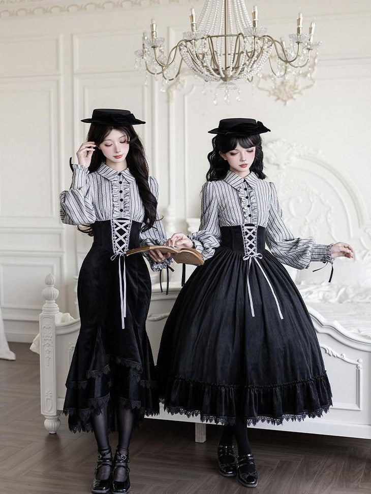 With PUJI Contrast Faux Two Piece Fishbone Fishtail Ruffle Bow Brooch Women's Op Sets