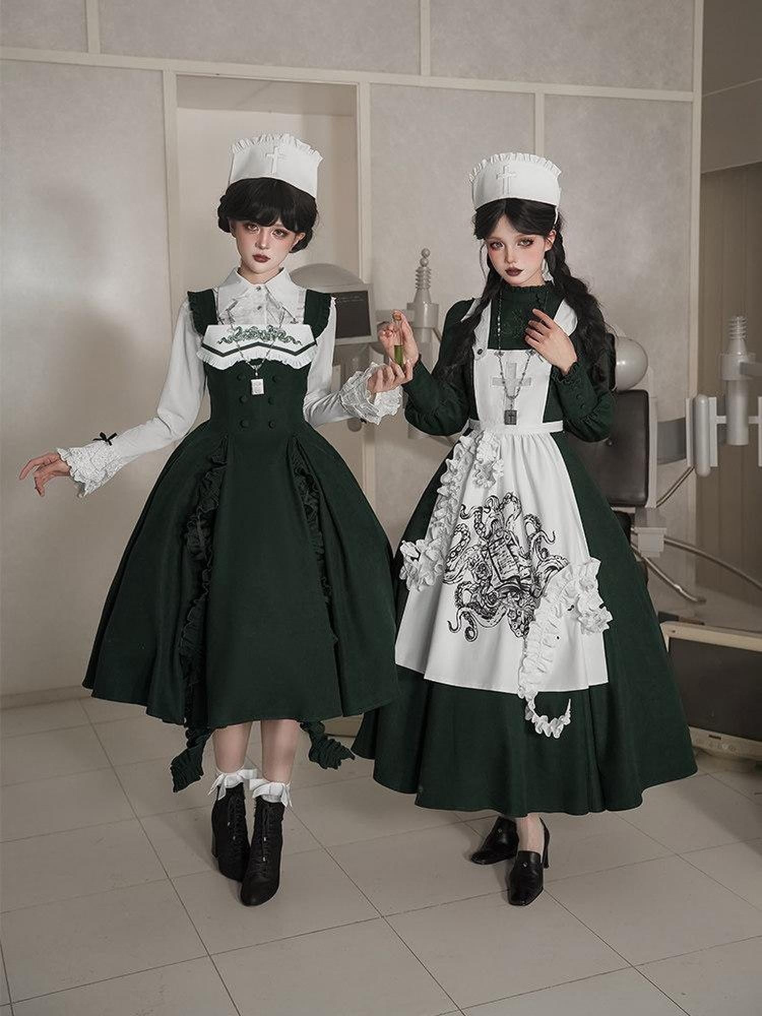 With PUJI Dark Gothic Embroidered Flared Skirt Women's Polyester Full Coordination Sets