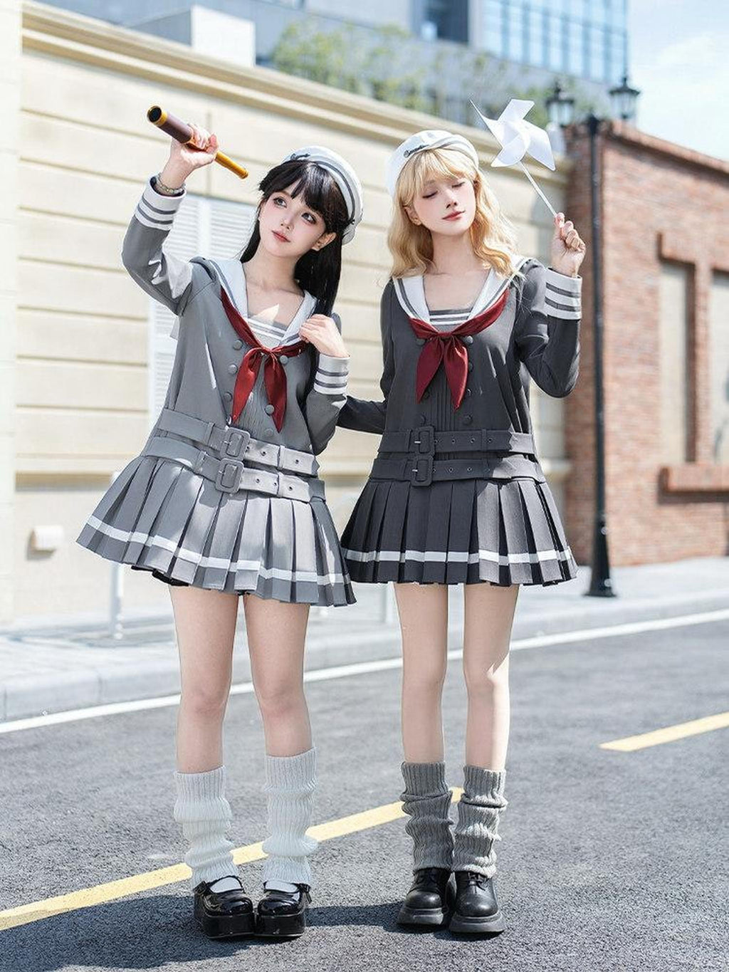 With PUJI Deep Gray Loose Sailor Collar Pleated Skirt Women's Long Sleeve Op
